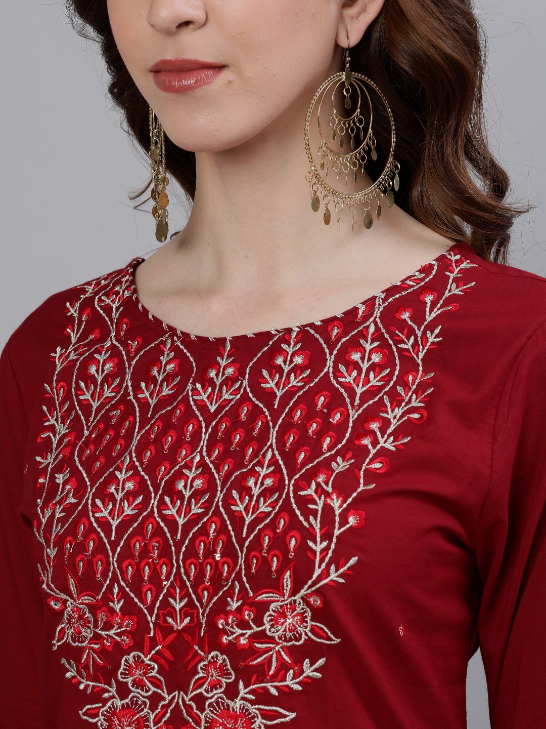 Ishin Women's Cotton Maroon Embroidered A-Line Kurta Sharara Dupatta Set