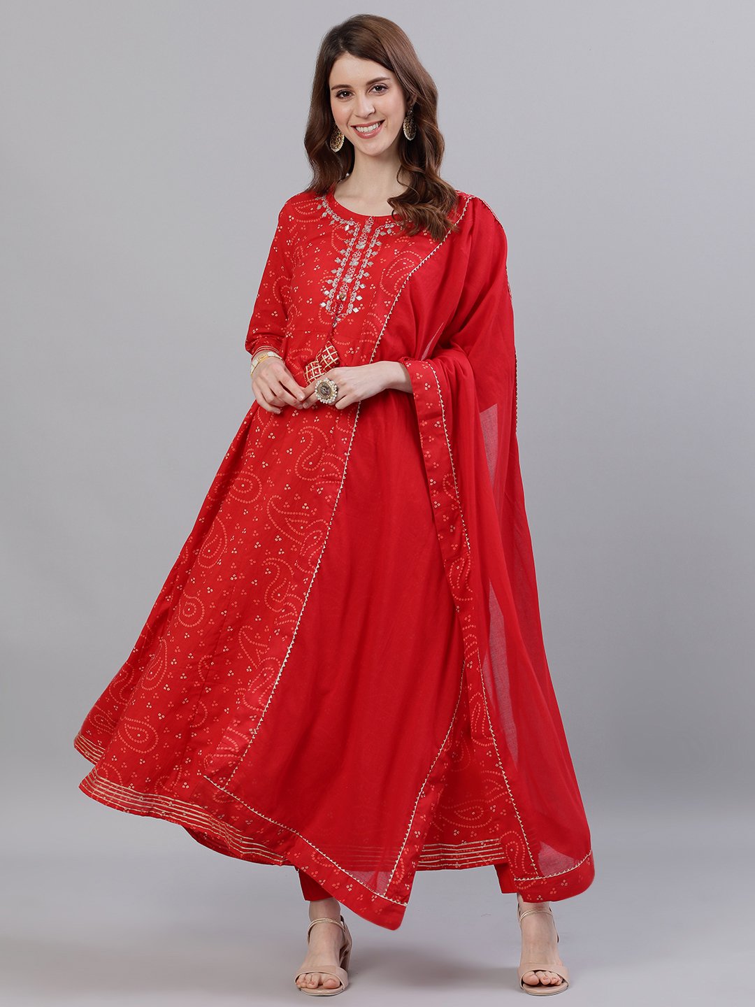 Ishin Women's Red Bandhani Embellished Anarkali Kurta With Dupatta