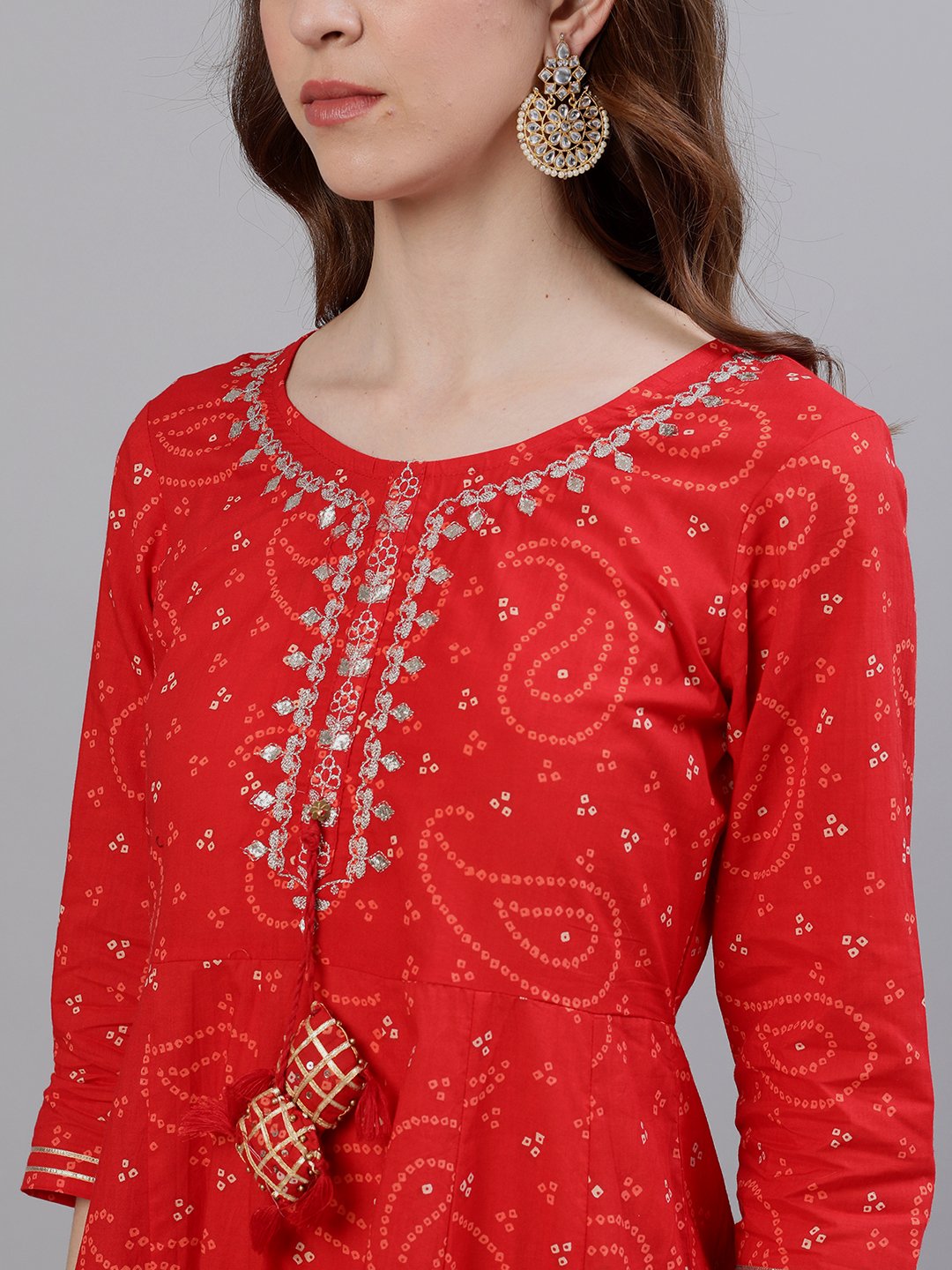 Ishin Women's Red Bandhani Embellished Anarkali Kurta With Dupatta