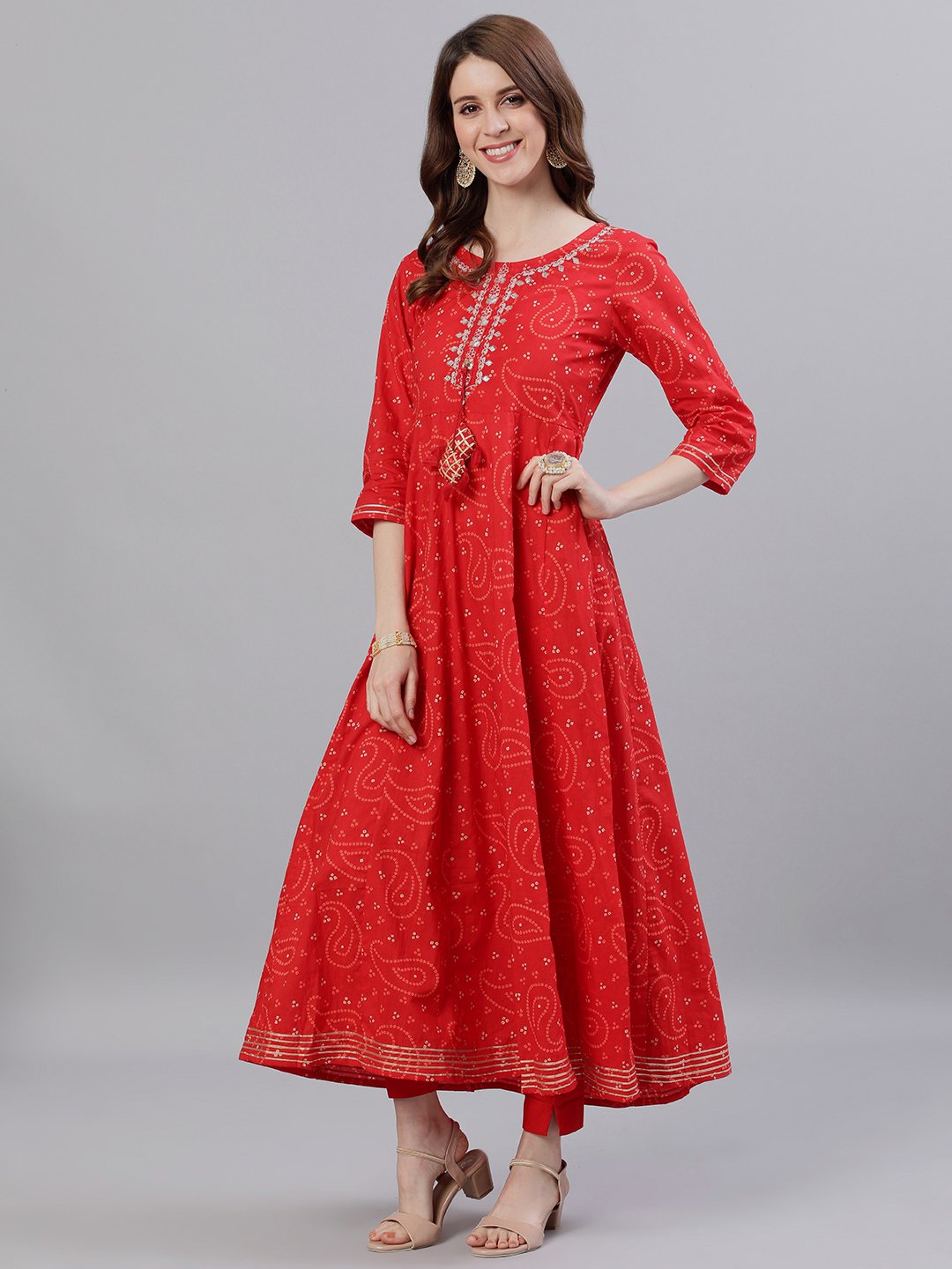 Ishin Women's Red Bandhani Embellished Anarkali Kurta With Dupatta