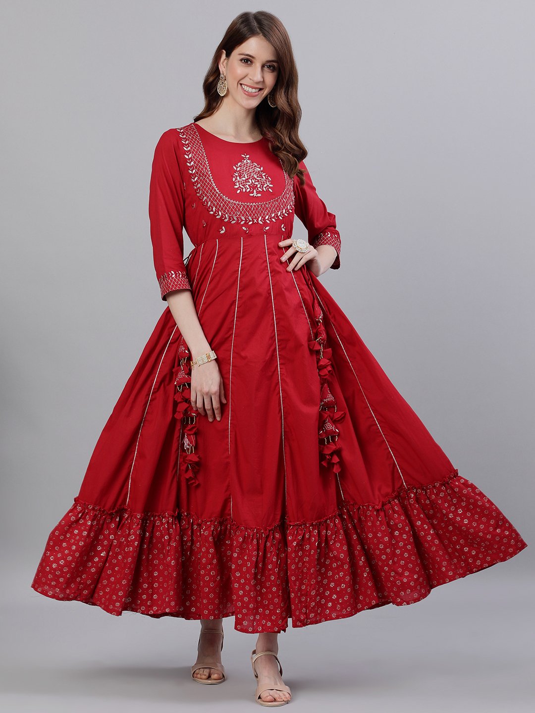 Ishin Women's Red Gota Patti Embellished Anarkali Kurta