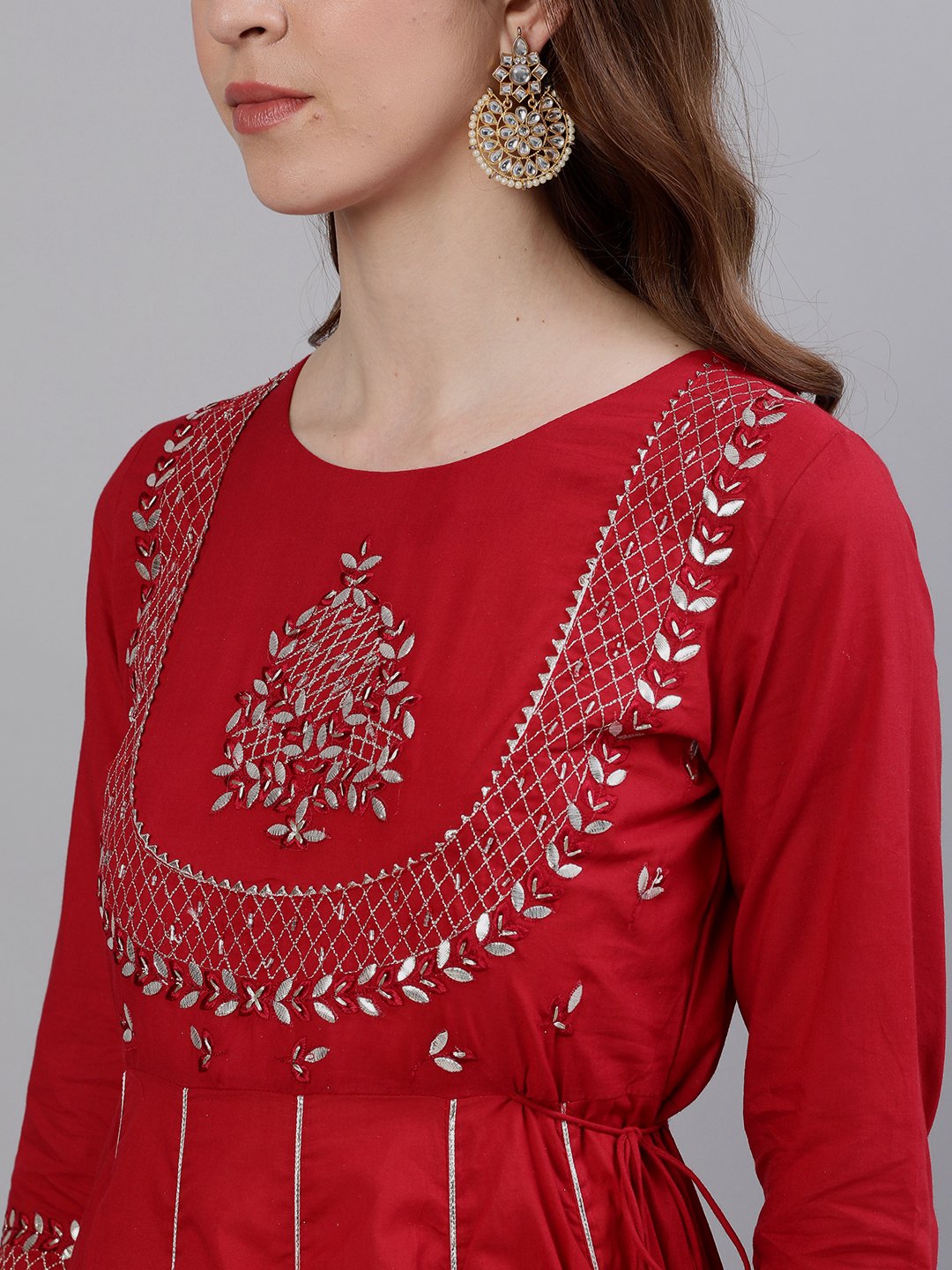 Ishin Women's Red Gota Patti Embellished Anarkali Kurta