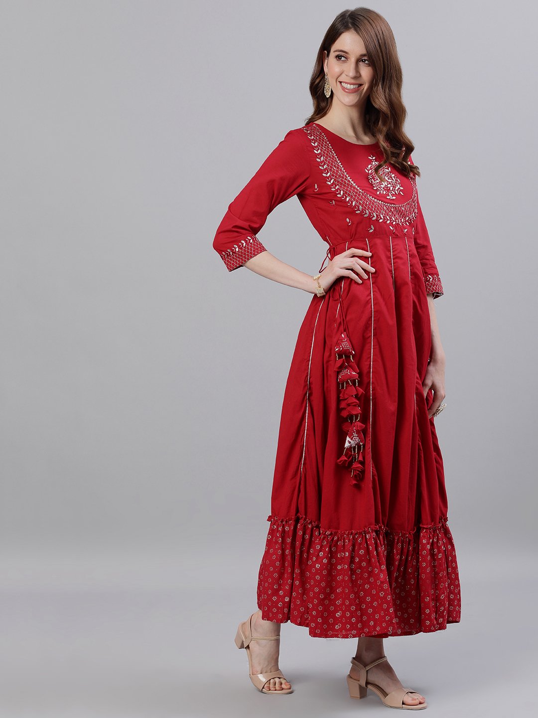 Ishin Women's Red Gota Patti Embellished Anarkali Kurta
