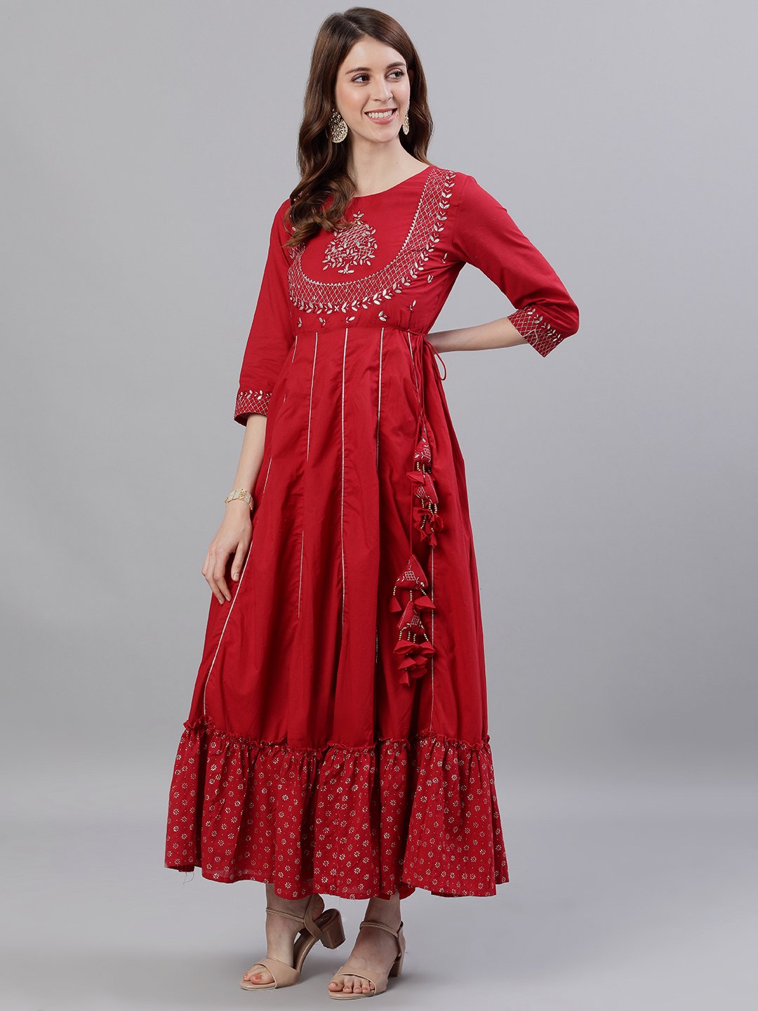 Ishin Women's Red Gota Patti Embellished Anarkali Kurta