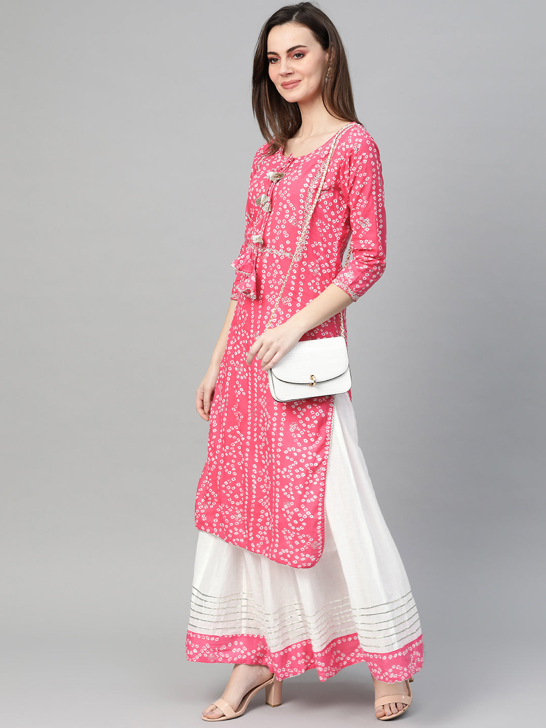 Beige and Pink Color Party Wear Kurti with Skirt Set  fashionnaari